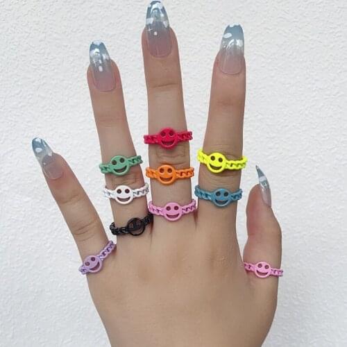 Origin Summer Fashion Spray Candy Colour Hollow Smile Face Charm Rings for Women Girls Alloy Twist Chain Rings Accessories