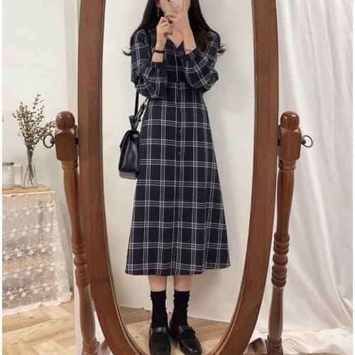 Shirt Dress V-Neck Long Sleeve Korean Fashion Autumn Winter Vestidos Preppy Style Plaid A-Line Cotton Dresses for Women Casual