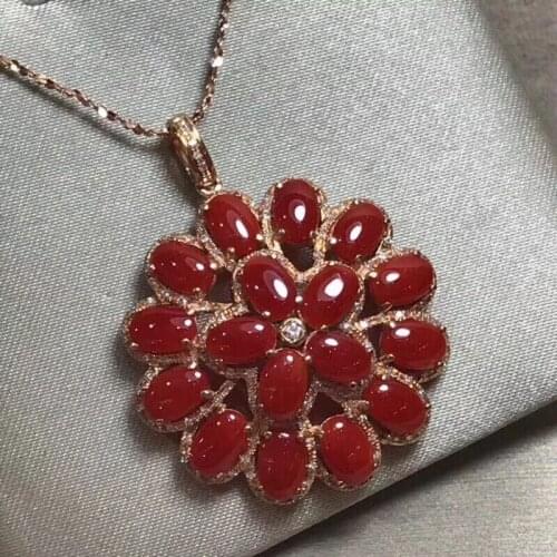 Natural red coral gem Pendant natural gemstone pendant S925 silver Fashion elegant round Hydrangea girl party gift jewelery