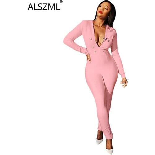 Deep v neck long sleeve simple pure color skinny jumpsuits sexy tight club party lady fashion sheath bodysuits