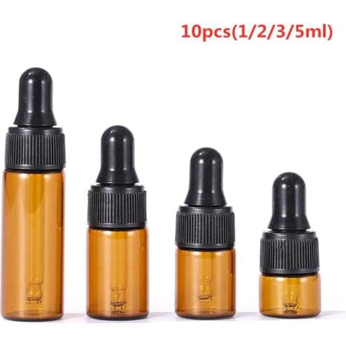 10pcs/lot 1/2/3/5ml Empty Amber Glass Dropper Bottle With Pipette Refillable Essential Oils Travel Bottle Container Makeup