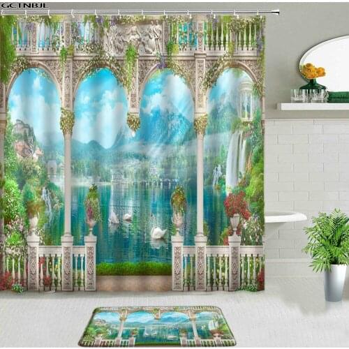 Mediterranean Scenery Shower Curtains With Rug Mountain And Sea Landscape Bathroom Decor Set Non-slip Floor Mat Flannel Carpet
