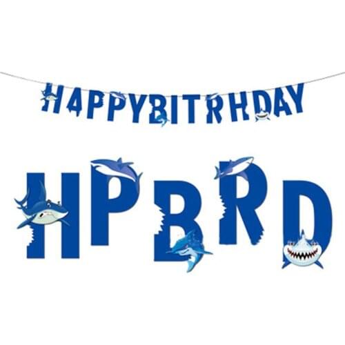 Mediterranean Shark Happy Birthday Banner Garland Backdrop Decor for Blue Sea Ocean kids boys birthday baby shower Supplies