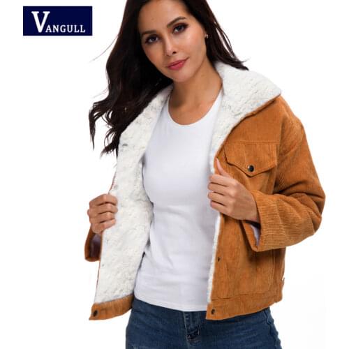 Vangull Women Winter Thick Corduroy Wool Jacket Fashion Casual Warm Parka Solid Turn-down Collar Single Breasted Soft Jacket