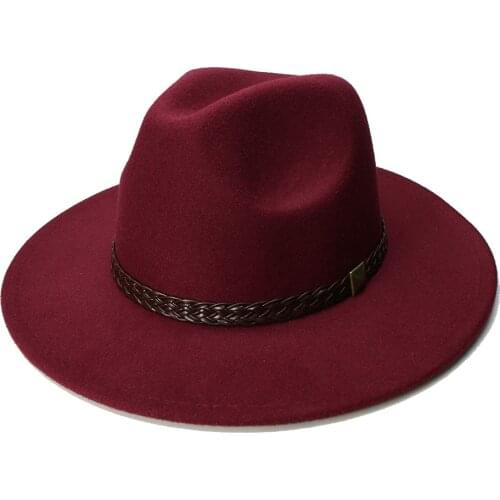 LUCKYLIANJI Retro Women Men Vintage 100% Wool Wide Brim Cap Fedora Panama Jazz Bowler Hat Braid Band with Rivet(57cm/adjusted)