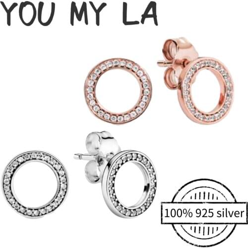 New 925 Sterling Silver FIT Original Stud Pando Earrings Shiny Love Hollow Round For European for Women Luxury Jewelry