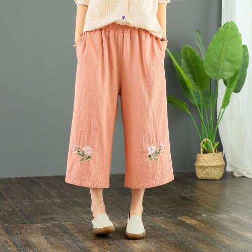 Plus Size Summer Spring Cotton Linen Cropped Pants Women Elastic High Waist Solid Wide Leg Loose Art Embroidery Trousers Femme