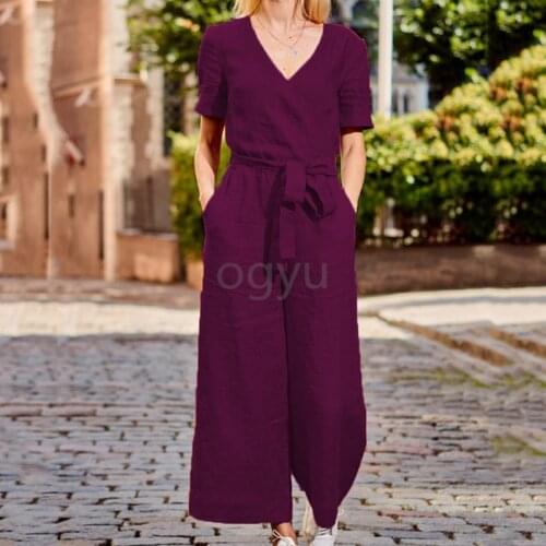 Ladies Jumpsuit Spring Autumn Fashion Casual Printing V-neck Pocket Short-sleeved Wide-leg Loose Fat Slimming Clothing Goods