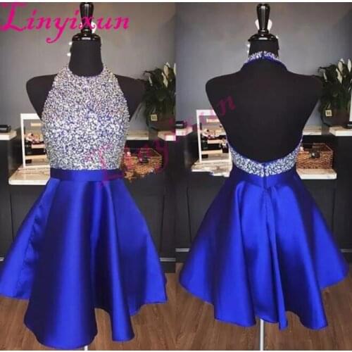 Royal Blue Satin Backless Homecoming Dresses Jewel Halter Sequins Crystal Backless Short Prom Dresses Sparkly Red Party Dresses