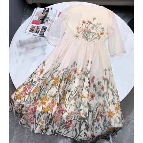 Summer Luxury 2021SS Women Flower Prints 100% Silk Long Sleeve Dress For Ladies Gdnz 6.03