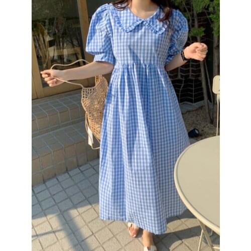 Korean Chic Peter Pan Collar Puff Short Sleeve Elegant Plaid Dress Women 2021 Summer Fashion Vintage Loose Robe Dresses Vestidos