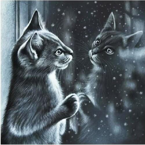 Winter Snowflake Mirror Black Cat Diamond Painting Animal Round Full Drill DIY Needlework Mosaic Embroidery 5D Cross Stitch