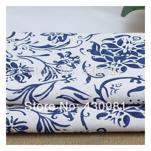 100cm*145cm zakka linen cotton fabric for sewing ethnic blue white floral printed material