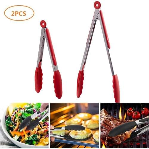 2Pcs Silicone Kitchen Tongs BBQ Clip Stainless Steel Handle Salad Bread Food Serving Tongs Non-Stick Barbecue Grilling Lock Tong
