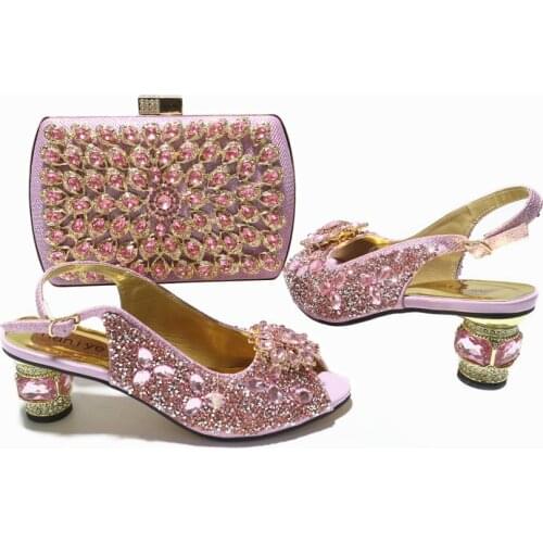 African Newest Italain Design Nigerian Fashion Style Pink Color Ladies Shoes and Bag Decoratec With Rhinestone for Party