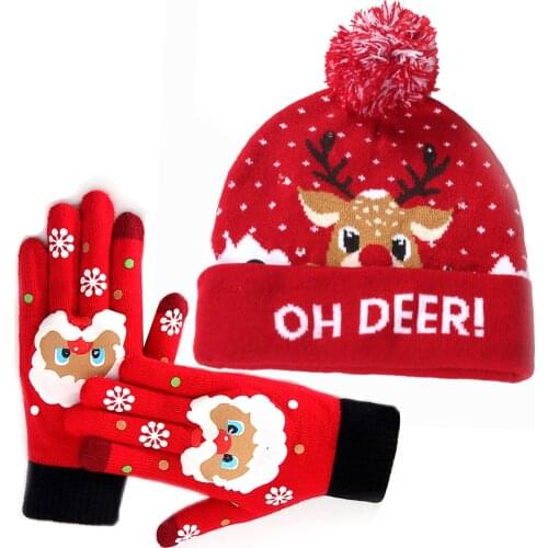 Behogar Kids Christmas LED Light-up Knitted Hat Beanie Cap with Scarf Touchscreen Gloves for Children Winter Xmas Party Red