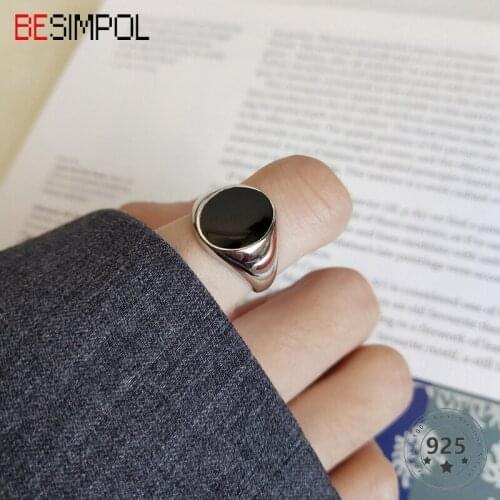 Besimpol 100% Real 925 Sterling Silver Round Rings Fashion Simple Glossy Epoxy Open Ring For Women Luxury Party Fine Jewelry
