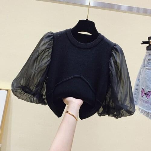 Summer Short Sleeve Fashion Splice Gauze Puff sleeve T-shirts Top knitting T Shirt Womens T-Shirt short women fashion tops