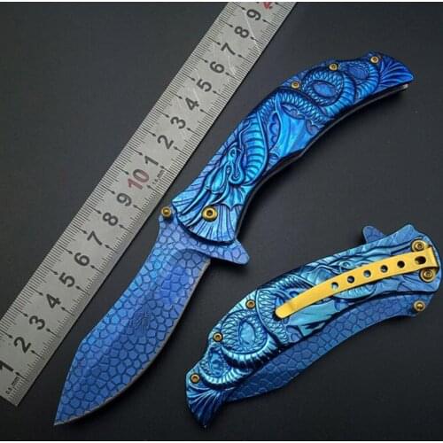 9" DRAGON BLUE TITANIUM Folding Pocket Knife Cosplay Fade Collection 3D Graphic survival camping Knives Good Quality Wholesale