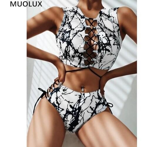 2020 Sexy Brazilian Bikini Women Swimsuit African Print Bandage Swimwear Mesh Thong Bikini Set High Waist Bathing Suit Plus Size