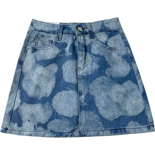 Summer cloud tie-dye washed blue high-waist all-match denim skirt