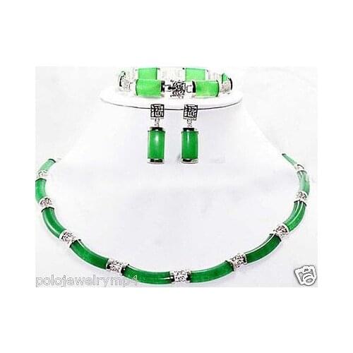 New Jewelry Green STONE Link Necklace Bracelet earrings set >> plated watch wholesale Quartz jade CZ crystal