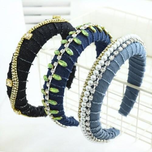 Vintage Braided Pearl Rhinestone Denim Bezel Hair Band Women Headband Hoop Hair Clips Girls Hair Accessories opaska do wlosow