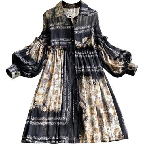 Retro Print Dress 2021 Autumn New Palace Doll Bubble Sleeve Shirt Dress Casual Loose Large Size Floral Chiffon Dress Female