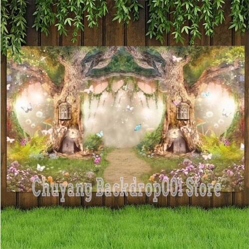 Custom Fantasy Forest Fairytale World Backdrop Castle Arched Tree Hole Kids Birthday Party Photography Background Photo Studio