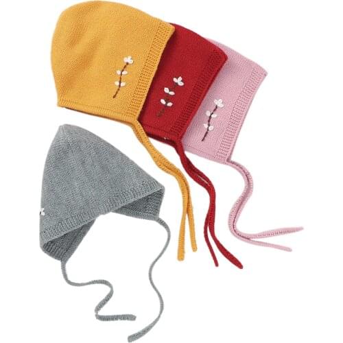 Hot Newborn Baby Knit Floral Warm Beanie Cap with Chin Strap for Infant Boys and Girls Hospital Bonnet Caps