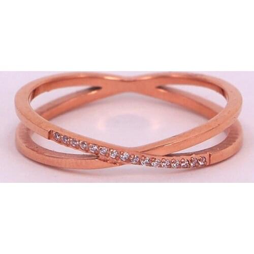 Rose Gold Color Stainless Steel Double-deck Crystal Hollow X Cross Finger Ring Engagement Woman Wedding Party Gift
