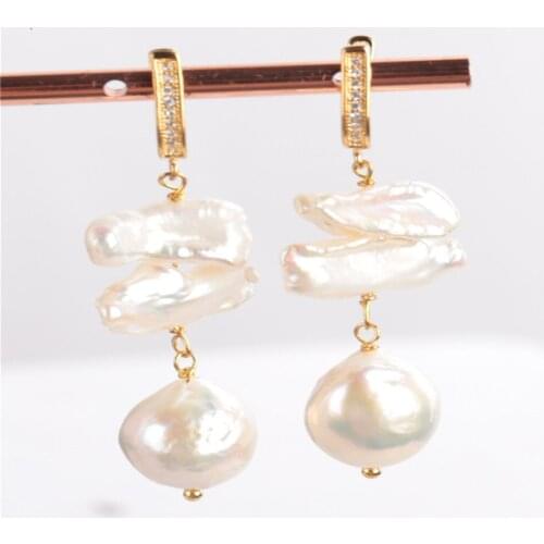 Natural White Baroque Pearl Earring Dangle Ms gift Bohemia Cultured Real Classic Irregular Aurora AAA