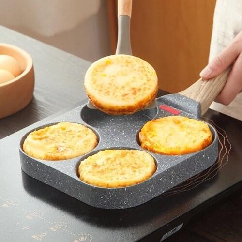 4 Holes Egg Frying Pan Multifunction Hamburger Steak Non Stick Pan High Quality Wooden Handle Cooking Pan Cooking Utensils