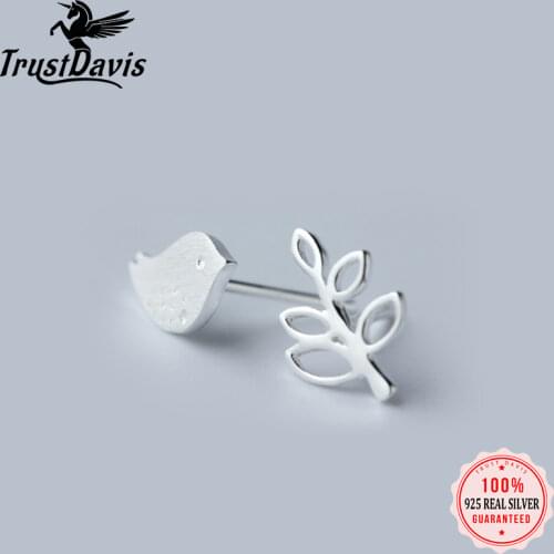 Trusta 100% 925 Solid Real Sterling Silver Womens Jewelry Fashion Bird Leaves Stud Earrings Gift For Teen Girls Kids Lady DS373