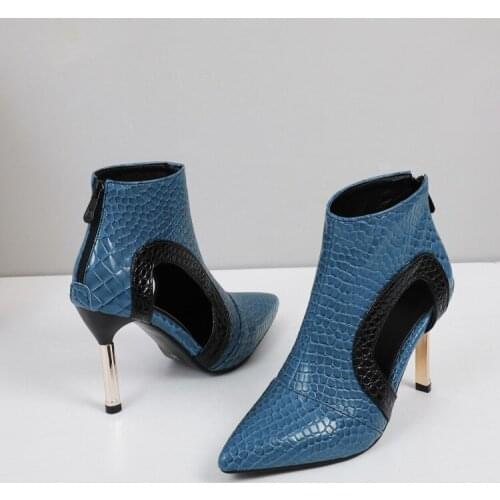 Womens Shoes Pointed Toe 9CM Thin High Heel Ankel Booties Zipper Red Blue Big Size Hollow womens boots