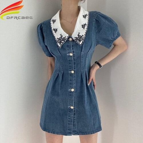Peter pan Collar Embroidered Ladies Denim Dresses 2020 Summer New Arrival Short Puff Sleeve A Line Elegant Button Up Jeans Dress