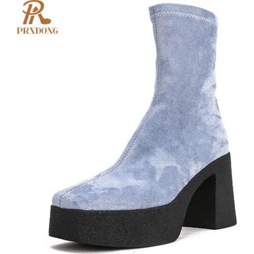 Winter Womens Flock Ankle Stretch Boots High Heeled Thick Platform Square Toe Ladies Shoes Zipper Elastic Microfiber Autumn New