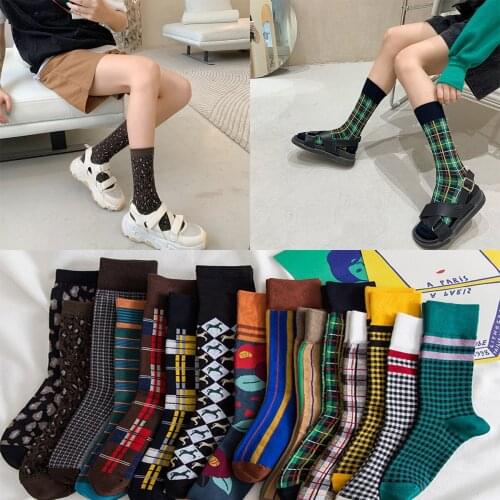 15 Colors New Cotton Ladies Calf High Tube Stockings Personalized Plaid Retro Harajuku Stitching Colorful Sexy College Wind Tube