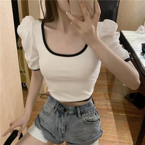Women Slim Short Puff Sleeve Patched O-neck Cropped Tee Shirts Lady Stretchy Crop Tops T-shirts For Girls 2021 Summer