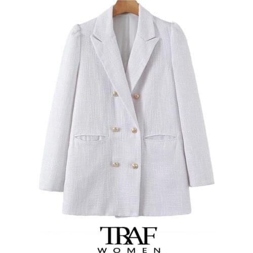 TRAF Za Women Fashion Double Breasted Tweed Blazer Coat Vintage Puff Sleeve Welt Pockets Female Outerwear Chic Veste