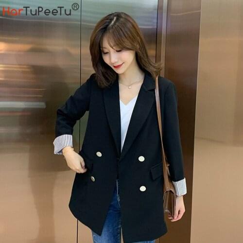 2021 Spring Autumn Girls Blazer Tops Loose Korean Style Long Casual Jacket Office Lady Coat Patchwork Striped Cuff Work-suit