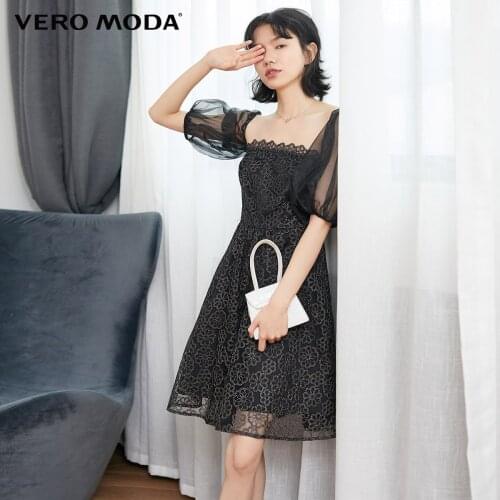 Vero Moda Women Embroidered Slash Neck Off-the-shoulder Puff Sleeves Black Party Dress | 32046Z001