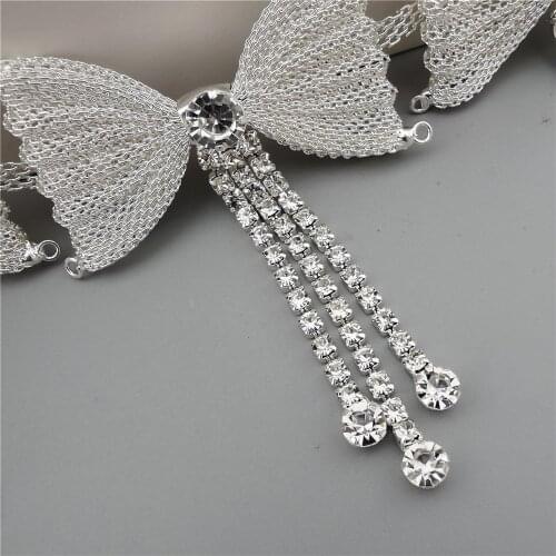 30cm Silver Crystal Bow Tassel Rhinestone Chain Bowknot Metal Collar Trim for Wedding Dress Necklace Bag Decoration