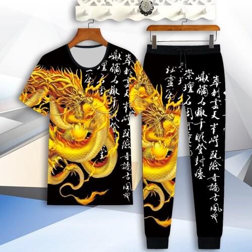 3D dragon print mens casual suit summer short-sleeved T-shirt + trousers 2-piece trend Chinese style dragon mens clothing
