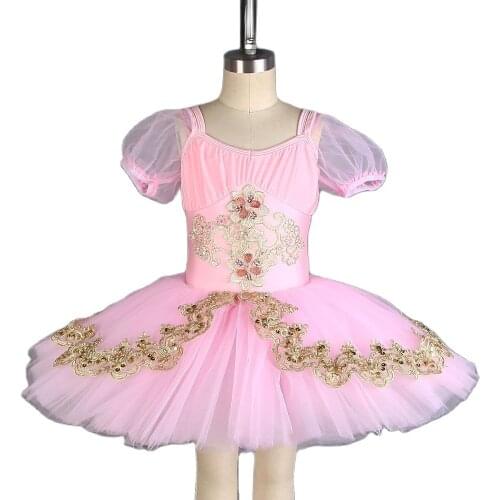 All For Dance 2019 New Pale Pink Bodice With Gold Trim Puff Sleeves Pro-professional Ballet Stage Performance Dance Wear Tutu