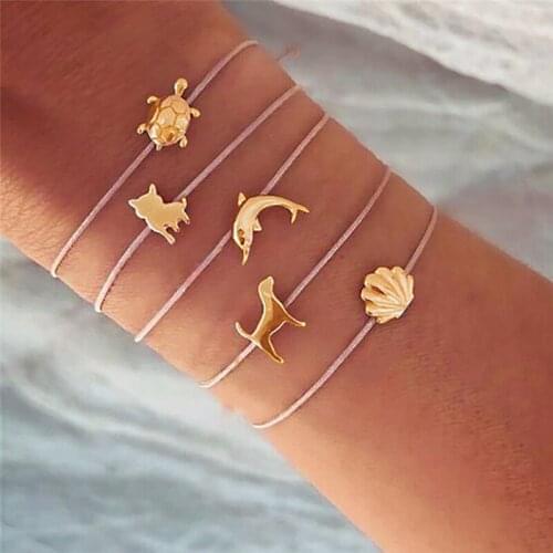 Modyle Bohemian 5pcs/Set Turtle Dolphin Shell Charm Bracelets For Women Fashion Rope Chain Bracelets Sets Jewelry Dropshipping