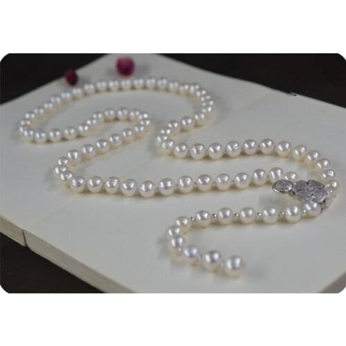 Hot sell Elegant 9 -10 mm freshwater pearl white sweater chain Four Leaf Clover clasp long necklace fashion jewelry