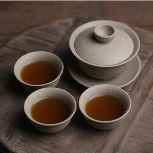 Kung Fu Tea Set Plain Pottery Unglazed Raw Ore Pottery Small Tureen Gaiwan Chinese ceramic Teaware chawan Teacups Gifts