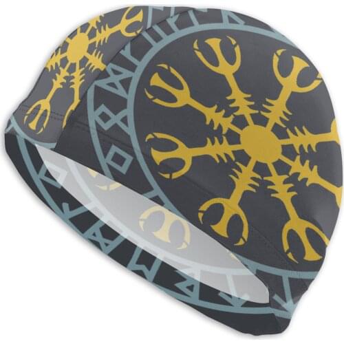 Mens Viking Swimming Cap Helm Of Awe Aegishjalmur Viking Norse Runes Bath Caps Swimwear For Swim Pools