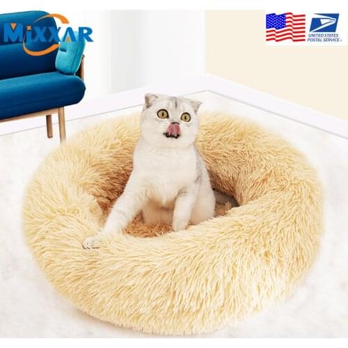 Dropshipping Fluffy Calming Dog Bed Long Plush Donut Pet Bed Round Orthopedic Lounger Sleeping Bag Kennel Cat Puppy Sofa House